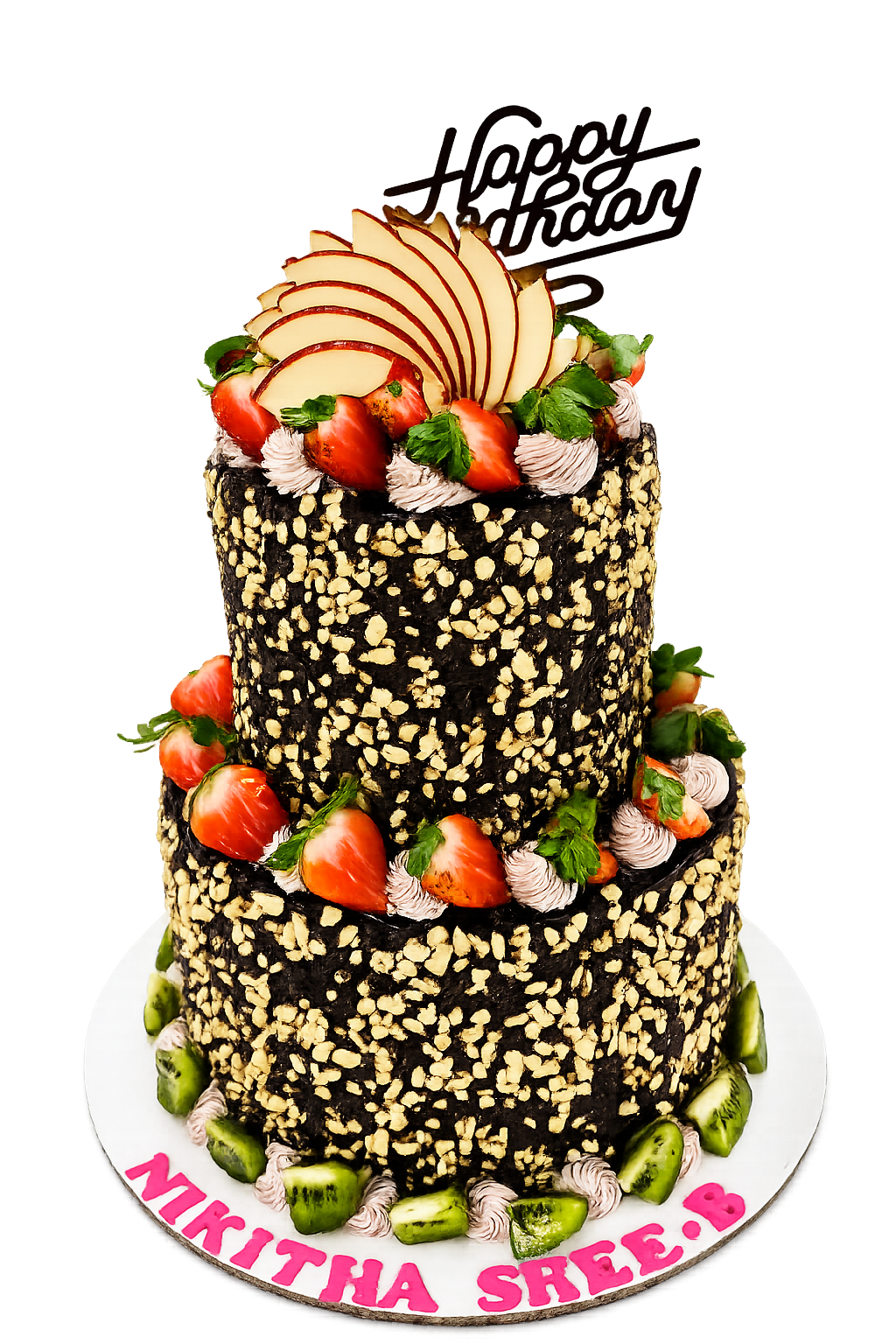2-Tier Celebration Nut Cake with Strawberries and Apple Slices